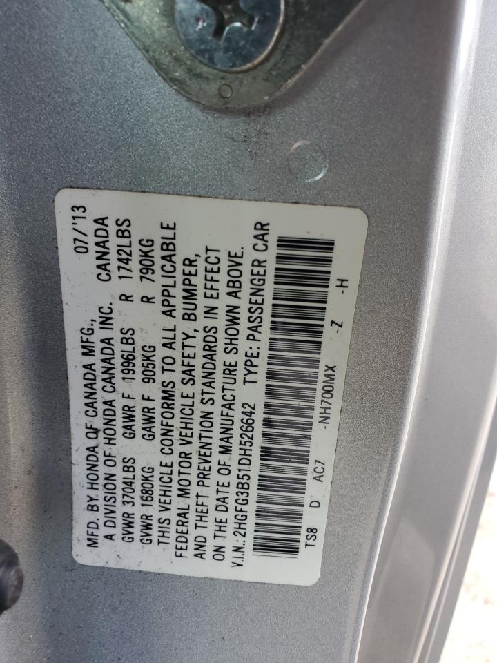 2013 Honda Civic Lx VIN: 2HGFG3B51DH526642 Lot: 68182185