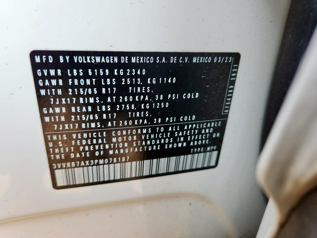 2023 Volkswagen Tiguan S VIN: 3VVRB7AX3PM078187 Lot: 70384085