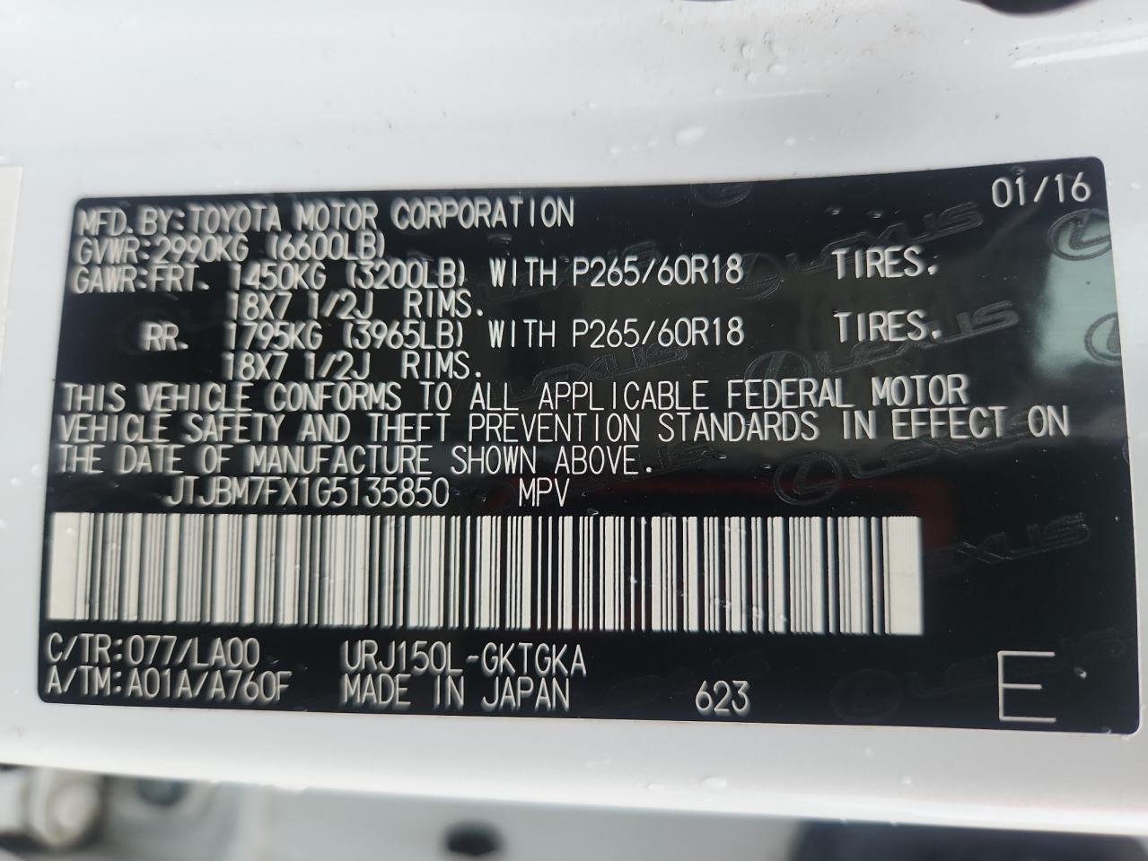 2016 Lexus Gx 460 VIN: JTJBM7FX1G5135850 Lot: 67756635