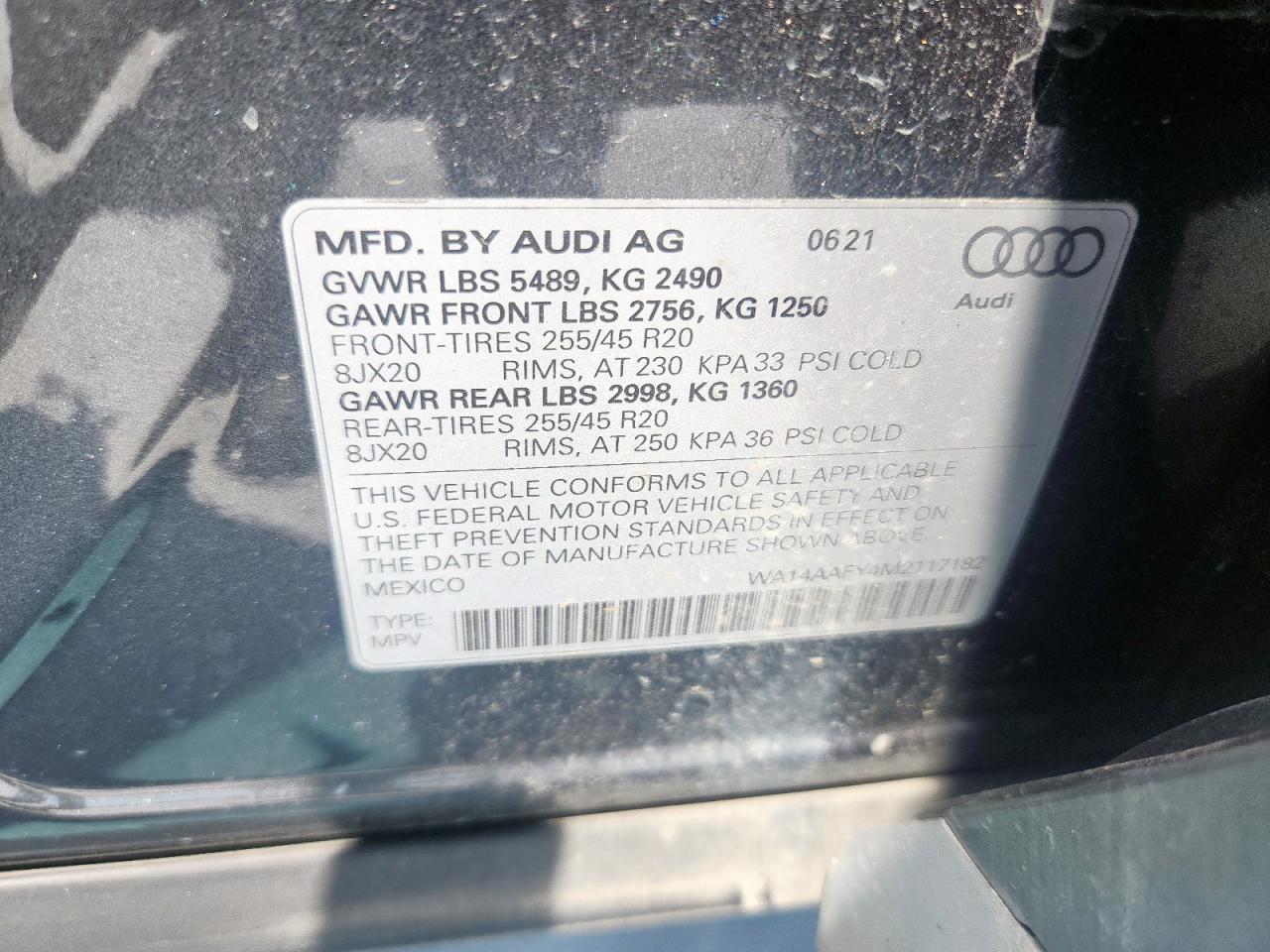 2021 Audi Q5 Sportback Premium VIN: WA14AAFY4M2117182 Lot: 69643505