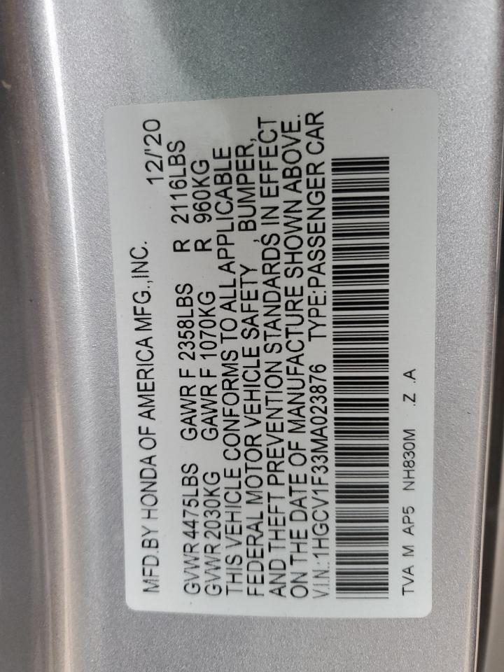 2021 Honda Accord Sport VIN: 1HGCV1F33MA023876 Lot: 69430025