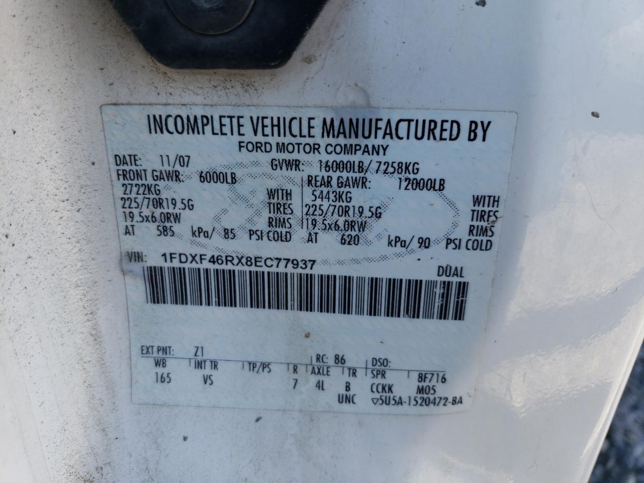 2008 Ford F450 Super Duty VIN: 1FDXF46RX8EC77937 Lot: 68932935