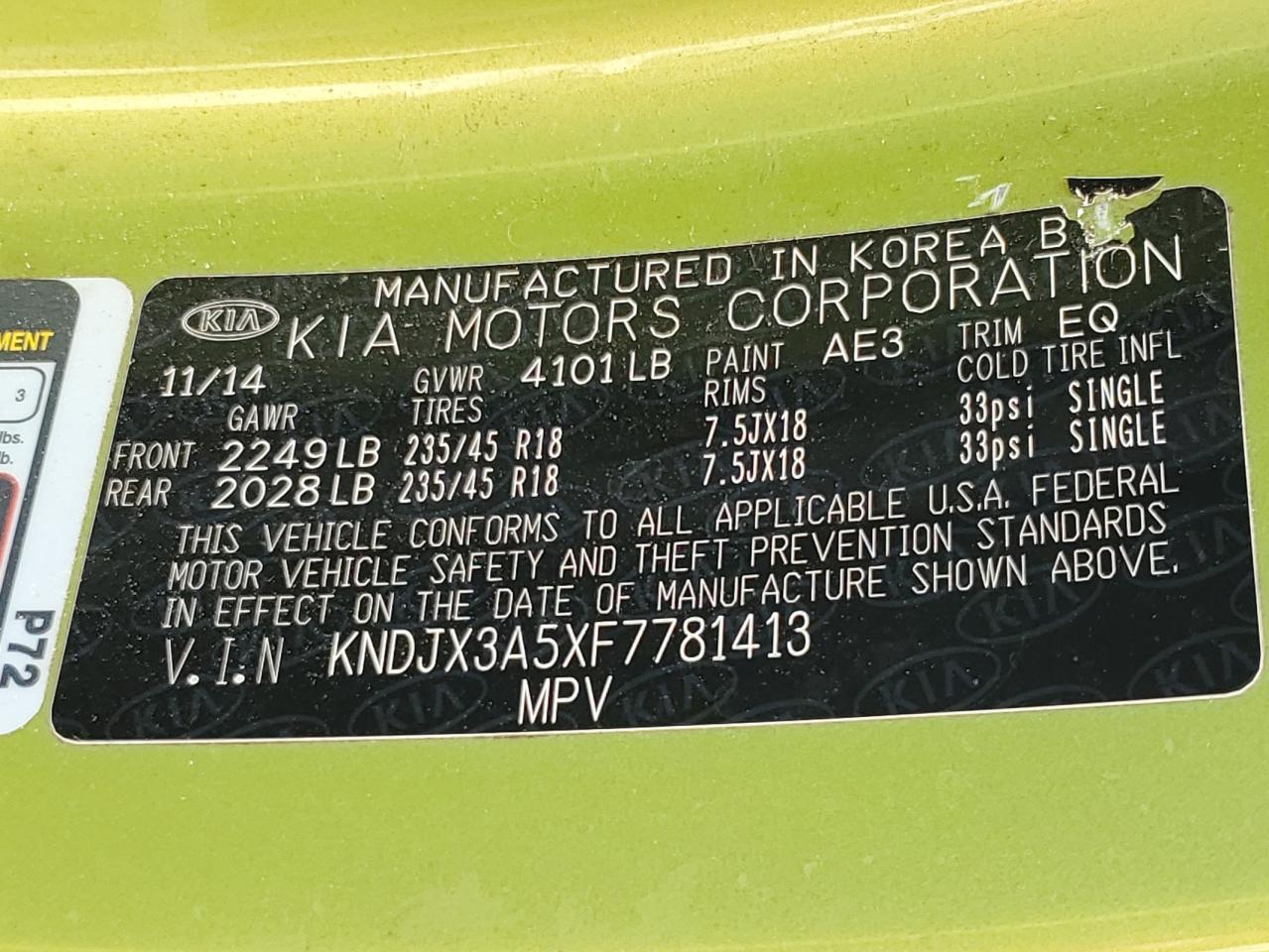 2015 Kia Soul ! VIN: KNDJX3A5XF7781413 Lot: 86084975