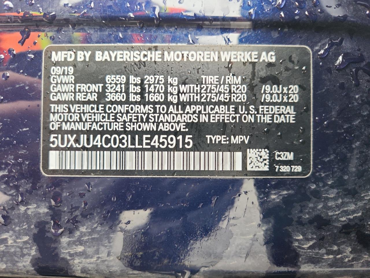 2020 BMW X5 M50I VIN: 5UXJU4C03LLE45915 Lot: 70324245