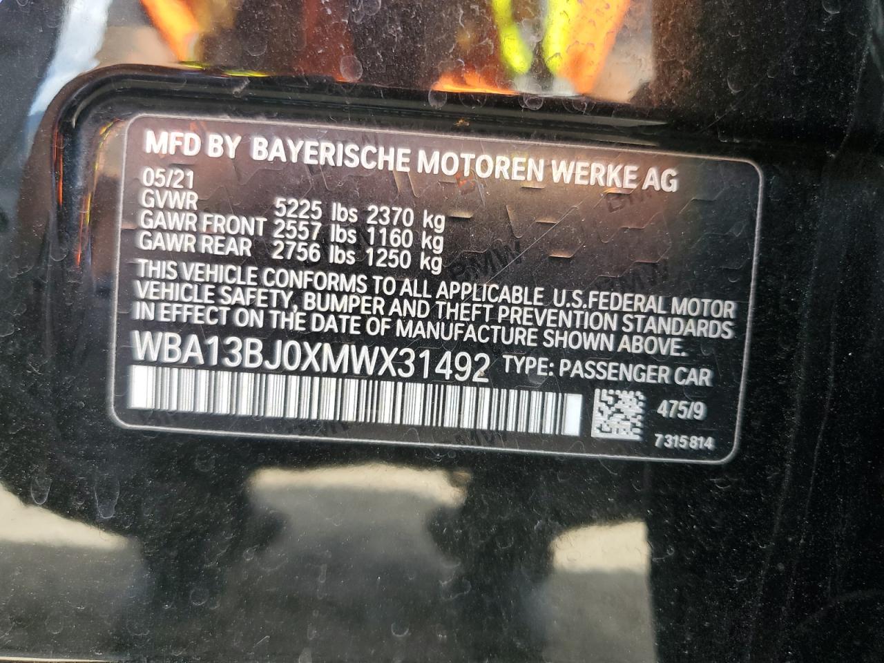 2021 BMW 530 Xi VIN: WBA13BJ0XMWX31492 Lot: 69977575
