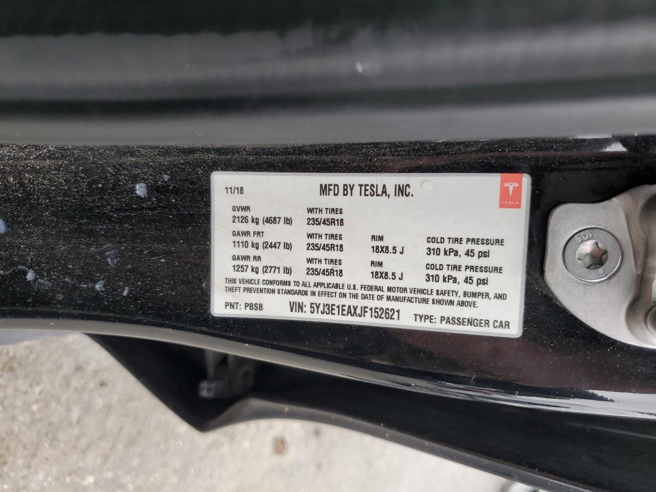 5YJ3E1EAXJF152621 2018 Tesla Model 3