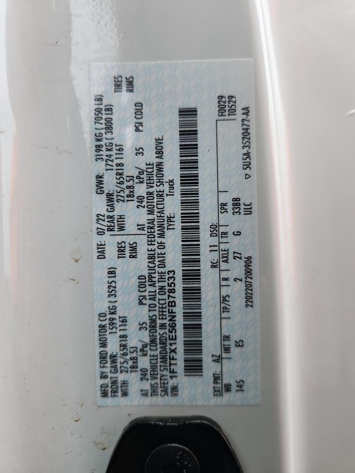 2022 Ford F150 Super Cab VIN: 1FTFX1E56NFB78533 Lot: 67838105