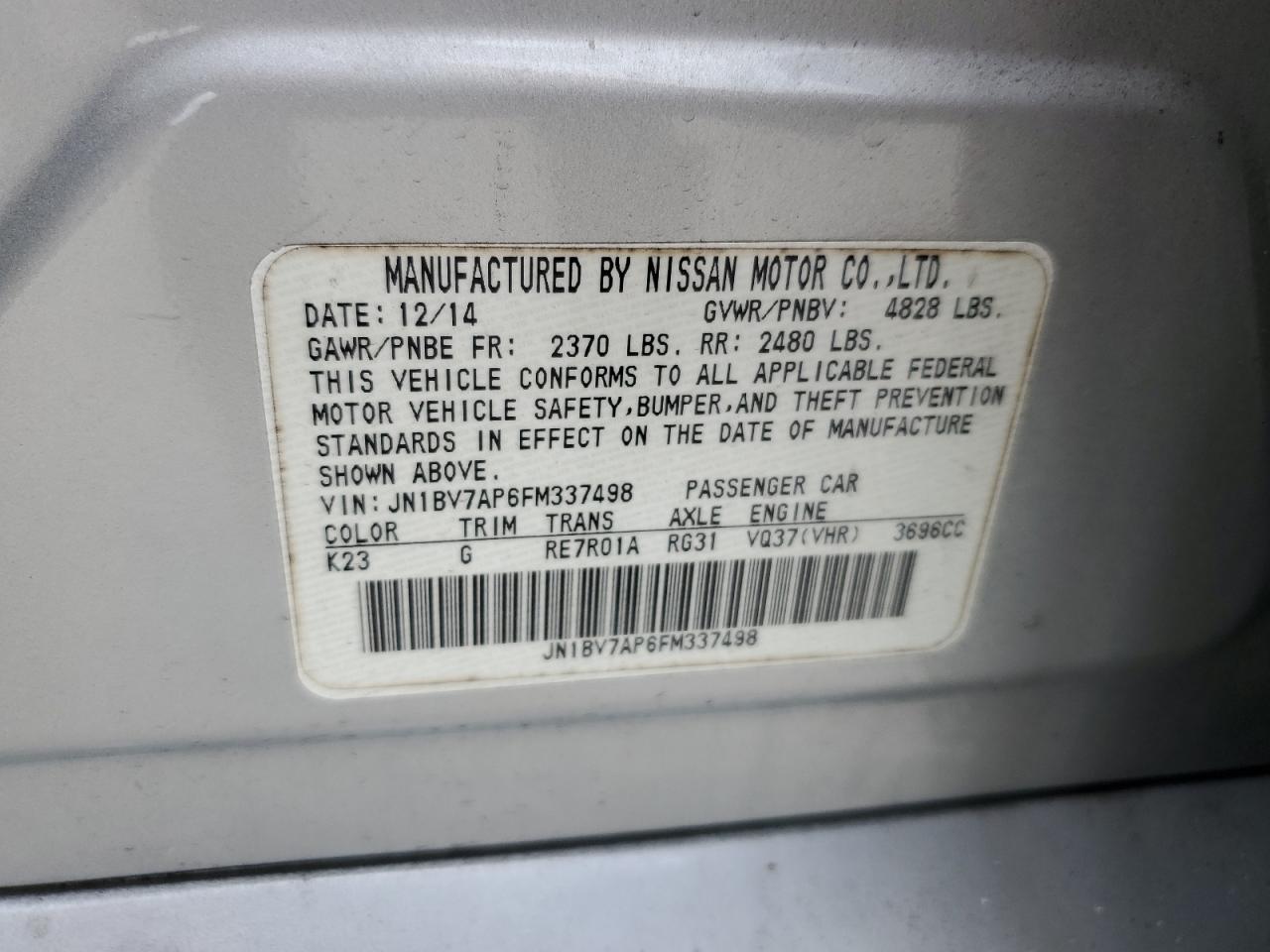 2015 Infiniti Q50 Base VIN: JN1BV7AP6FM337498 Lot: 71064385