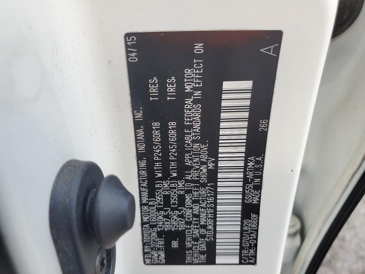 2015 Toyota Highlander Xle VIN: 5TDJKRFH1FS161771 Lot: 70045375