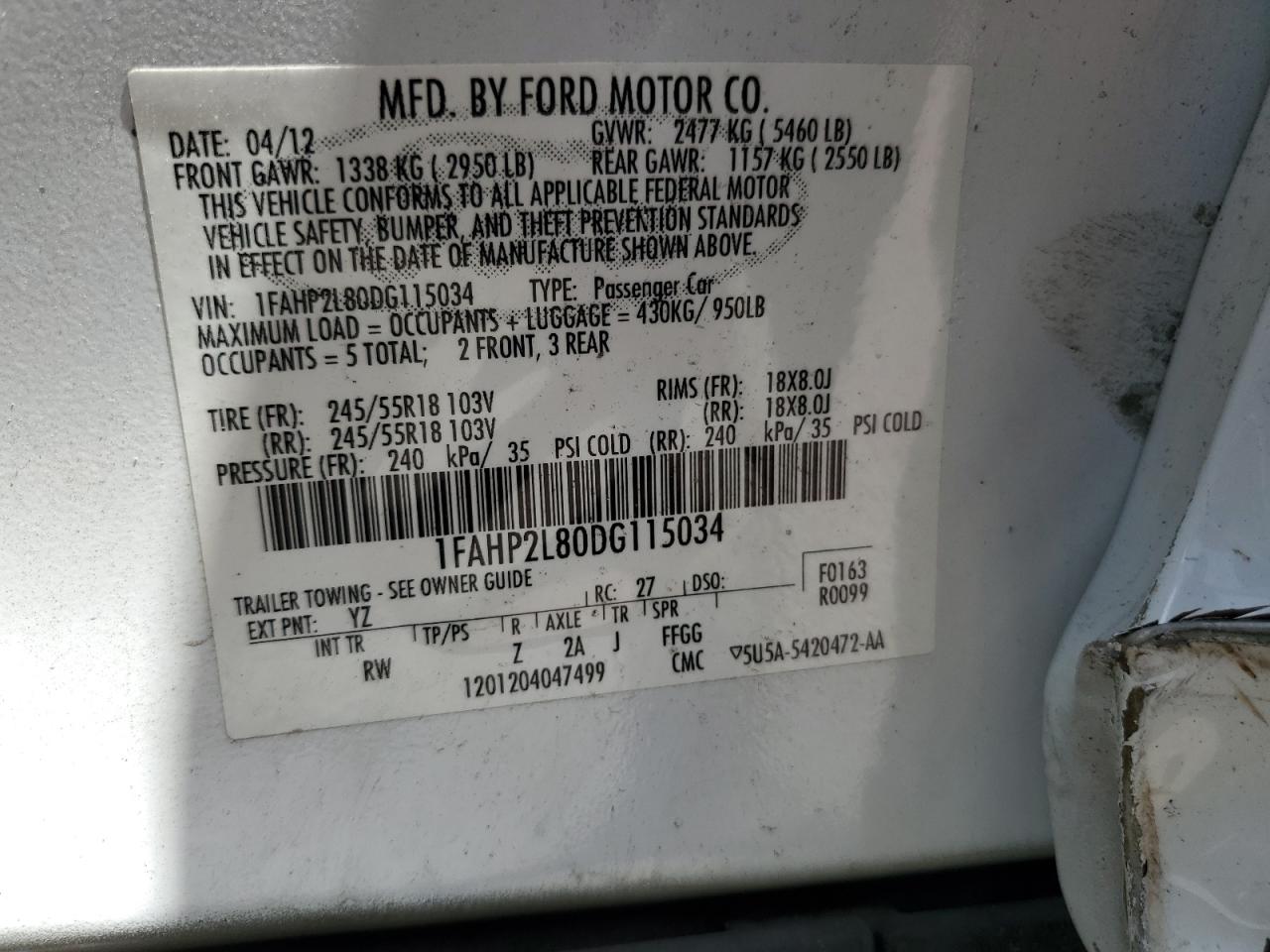 2013 Ford Taurus Police Interceptor VIN: 1FAHP2L80DG115034 Lot: 67942845