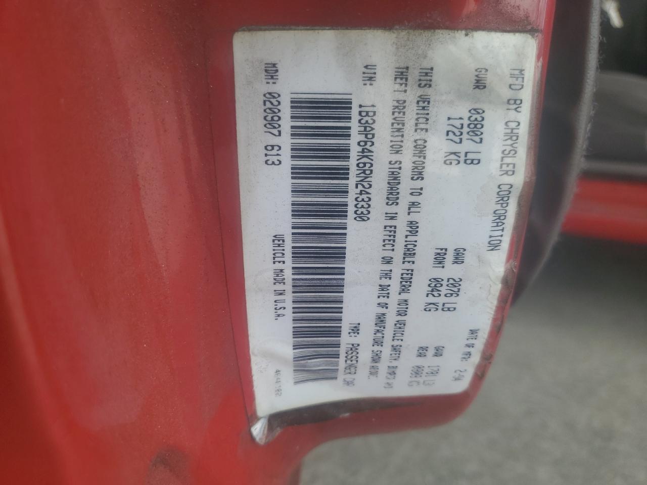 1994 Dodge Shadow Es VIN: 1B3AP64K6RN243330 Lot: 68550745