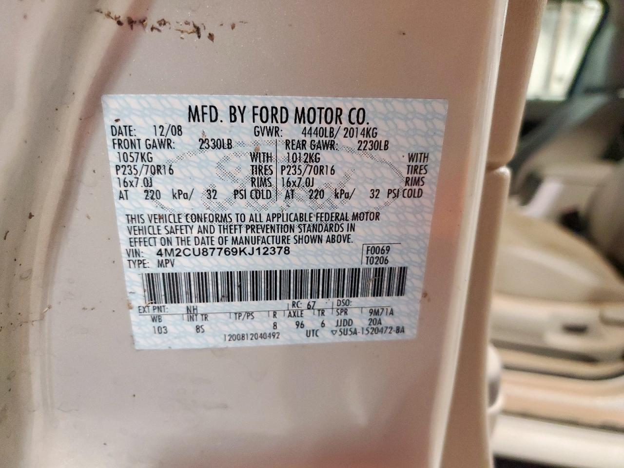 2009 Mercury Mariner Premier VIN: 4M2CU87769KJ12378 Lot: 69630725