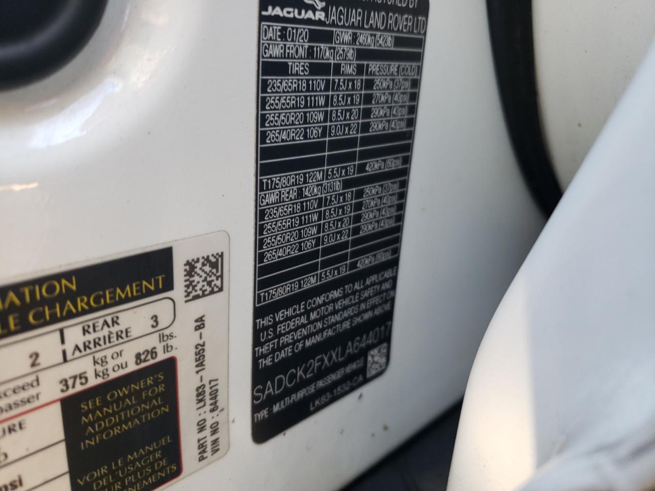 2020 Jaguar F-Pace Prestige VIN: SADCK2FXXLA644017 Lot: 70387785