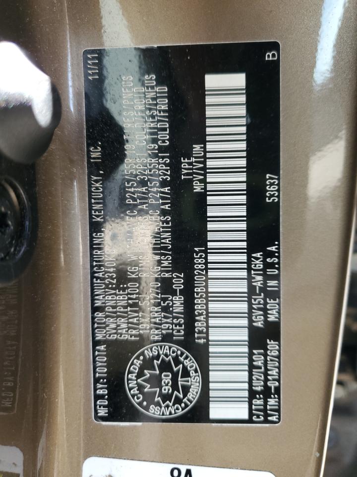 2011 Toyota Venza VIN: 4T3BA3BB5BU028851 Lot: 68767685