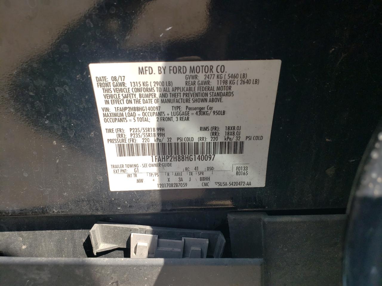 2017 Ford Taurus Sel VIN: 1FAHP2H88HG140097 Lot: 69285095