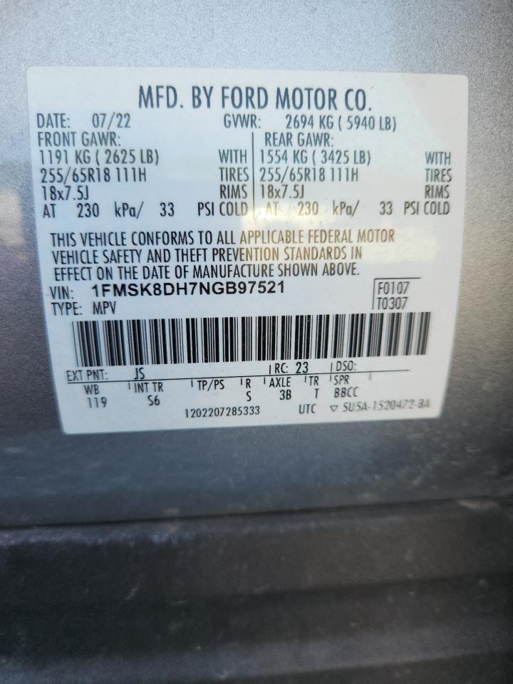 2022 Ford Explorer Xlt VIN: 1FMSK8DH7NGB97521 Lot: 68652725