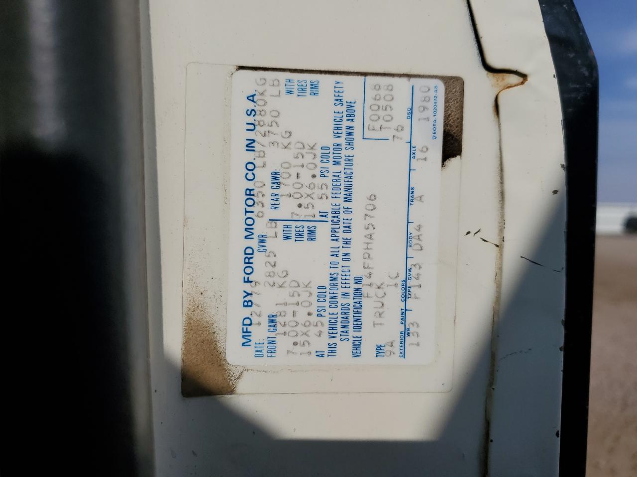 1980 Ford F-150 VIN: 000000F14FPHA5706 Lot: 67683495