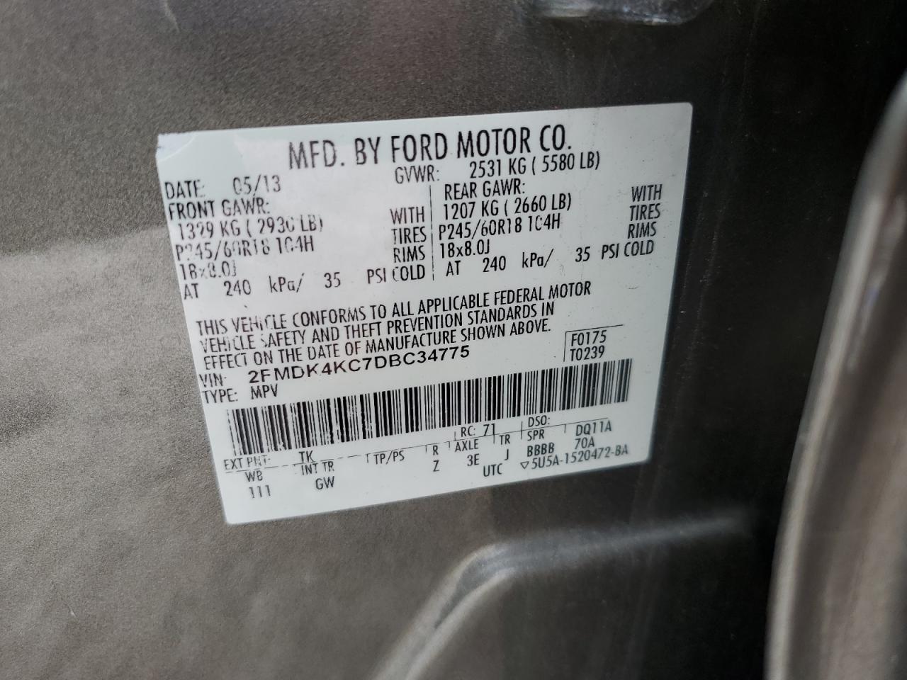 2013 Ford Edge Limited VIN: 2FMDK4KC7DBC34775 Lot: 68695415