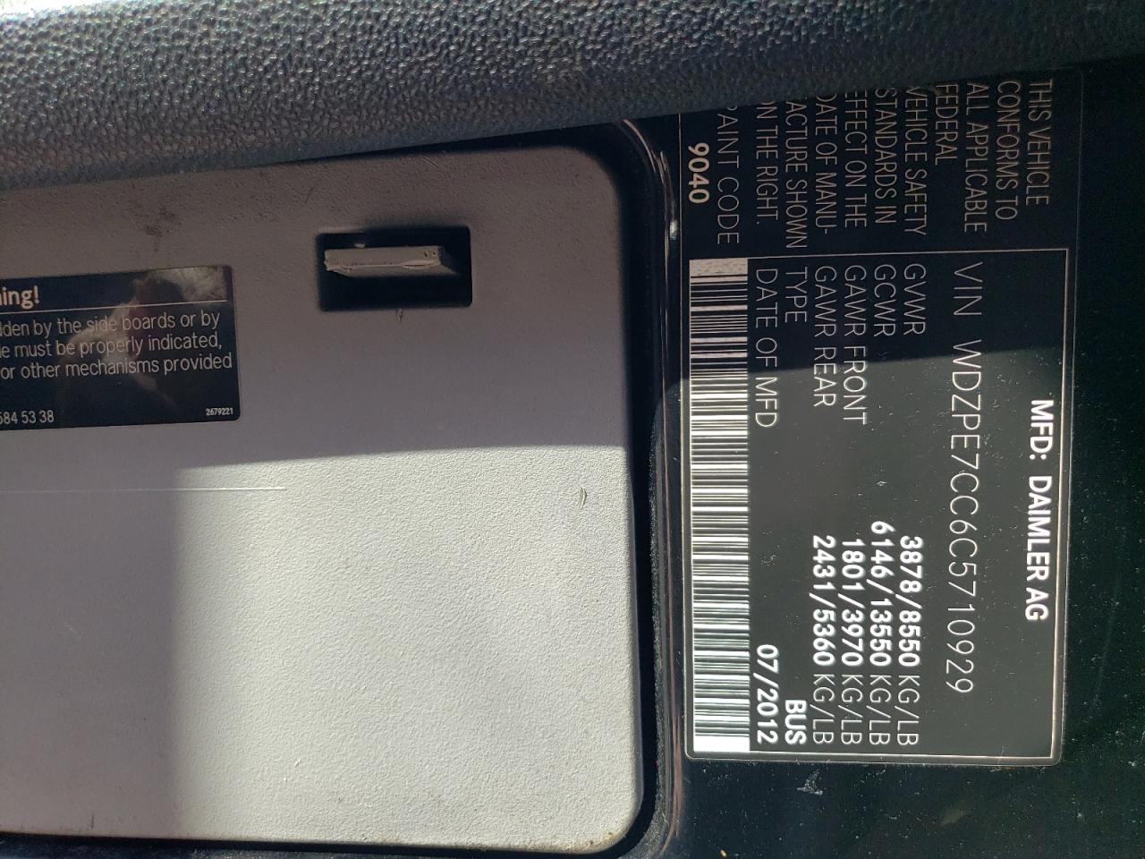 2012 Mercedes-Benz Sprinter 2500 VIN: WDZPE7CC6C5710929 Lot: 68596425