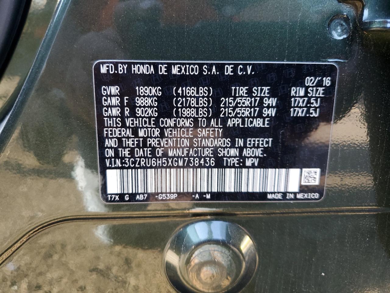 2016 Honda Hr-V Ex VIN: 3CZRU6H5XGM738436 Lot: 69322765