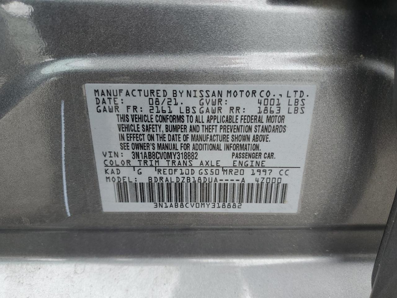 2021 Nissan Sentra Sv VIN: 3N1AB8CV0MY318882 Lot: 67539085