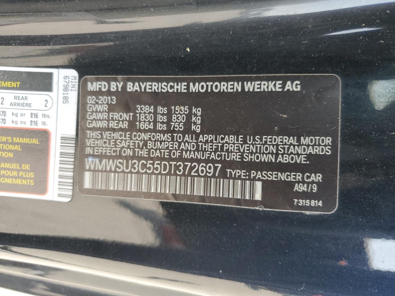 2013 Mini Cooper VIN: WMWSU3C55DT372697 Lot: 66848655