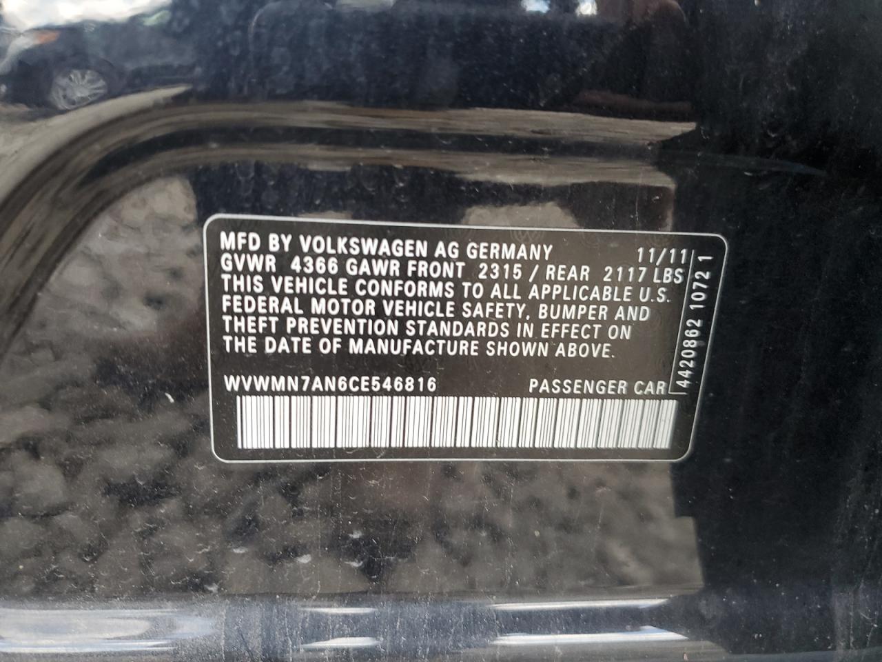 2012 Volkswagen Cc Sport VIN: WVWMN7AN6CE546816 Lot: 69873145