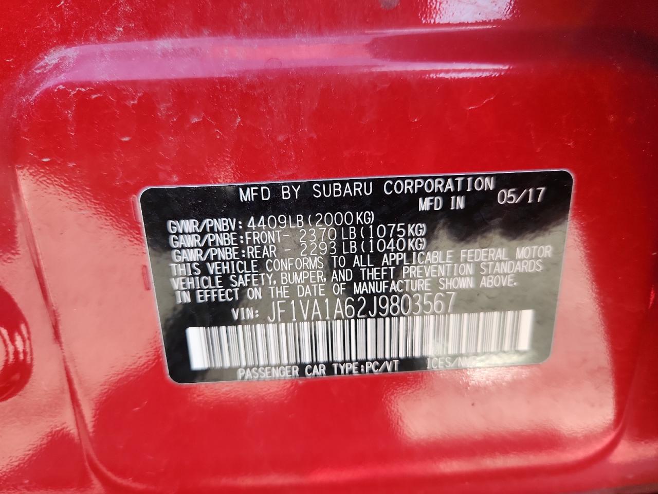 2018 Subaru Wrx VIN: JF1VA1A62J9803567 Lot: 69068065