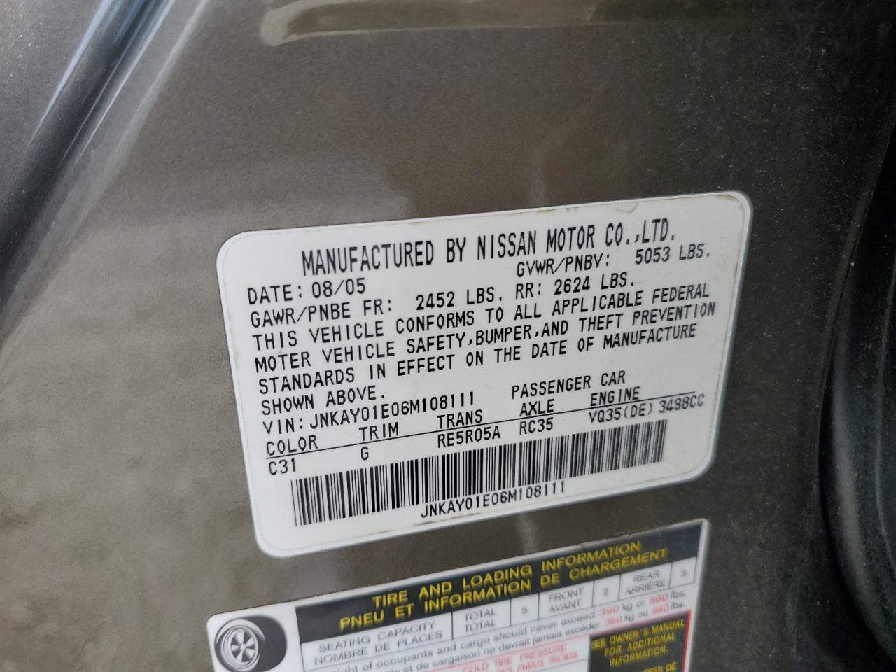 2006 Infiniti M35 Base VIN: JNKAY01E06M108111 Lot: 69212445
