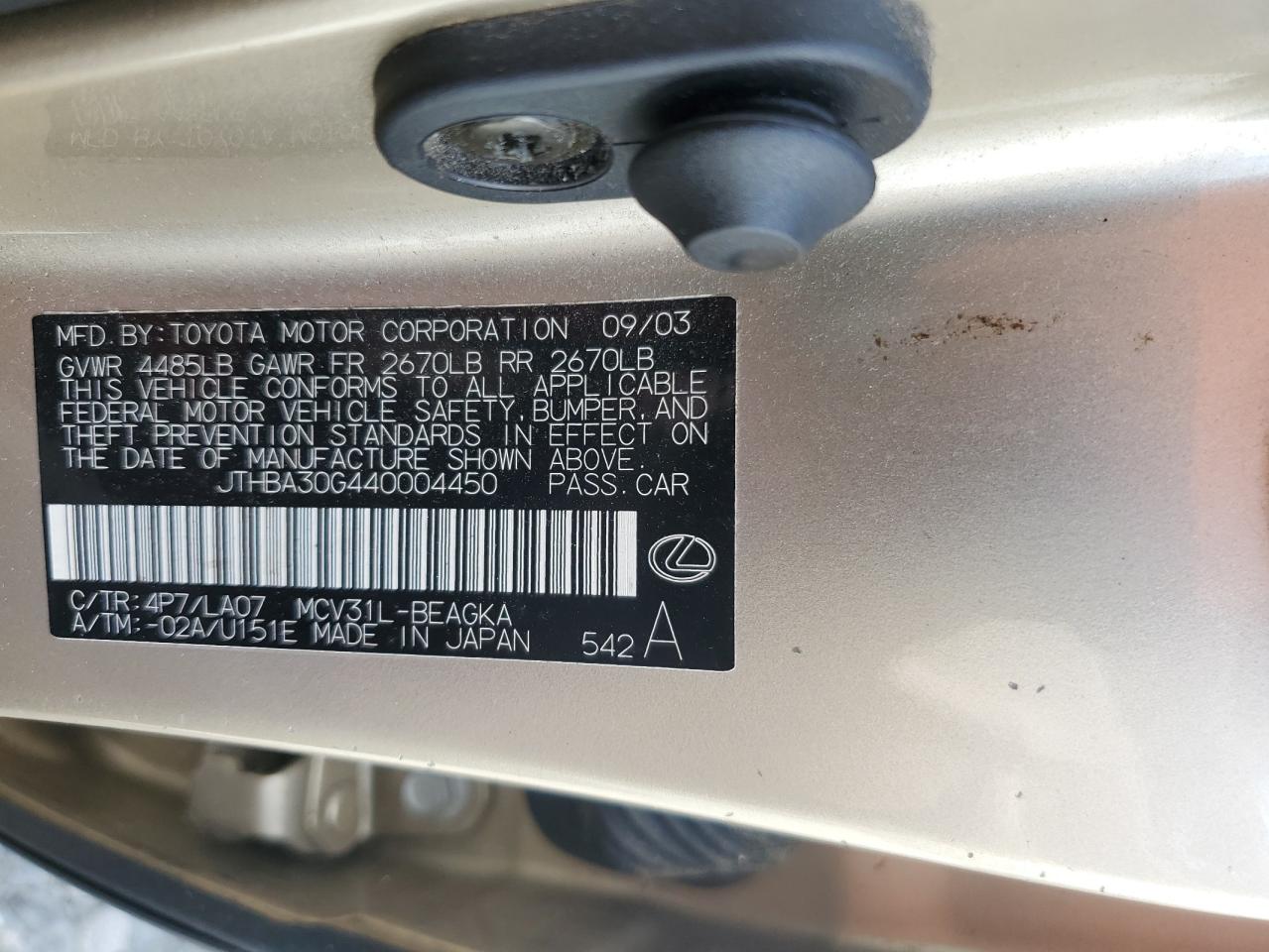 2004 Lexus Es 330 VIN: JTHBA30G440004450 Lot: 68533945