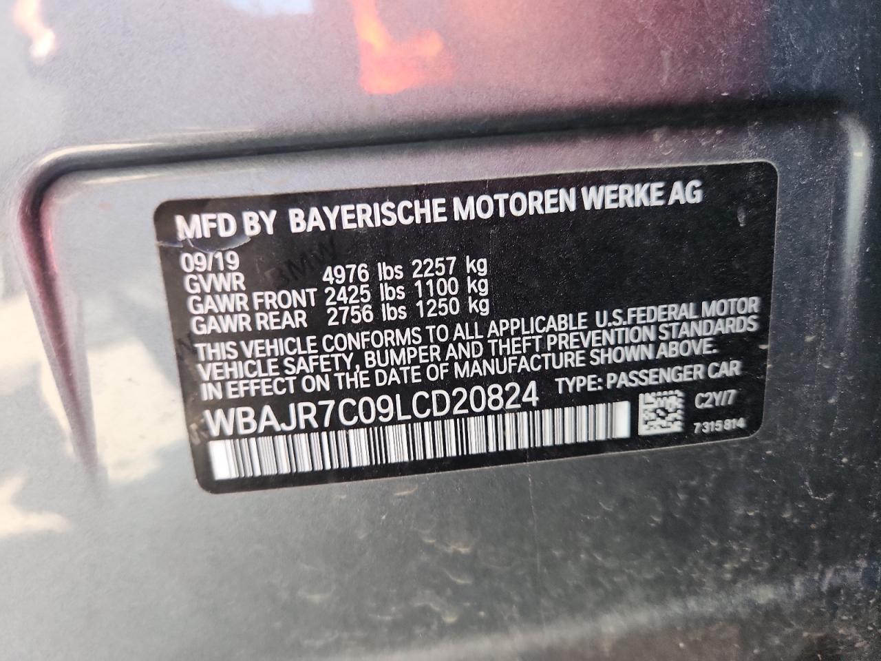 2020 BMW 530 Xi VIN: WBAJR7C09LCD20824 Lot: 70408105