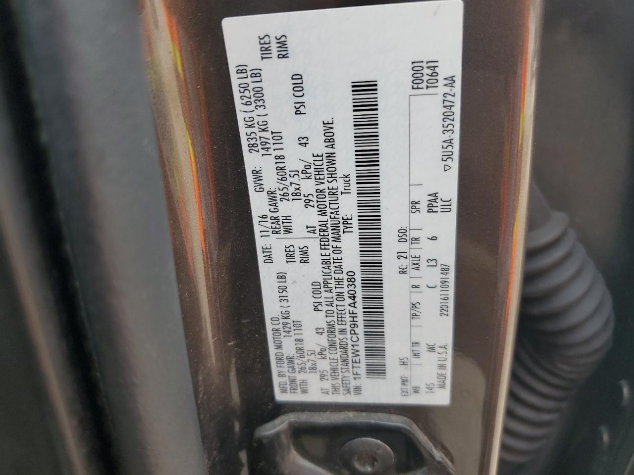 2017 Ford F150 Supercrew VIN: 1FTEW1CP9HFA40380 Lot: 69707315