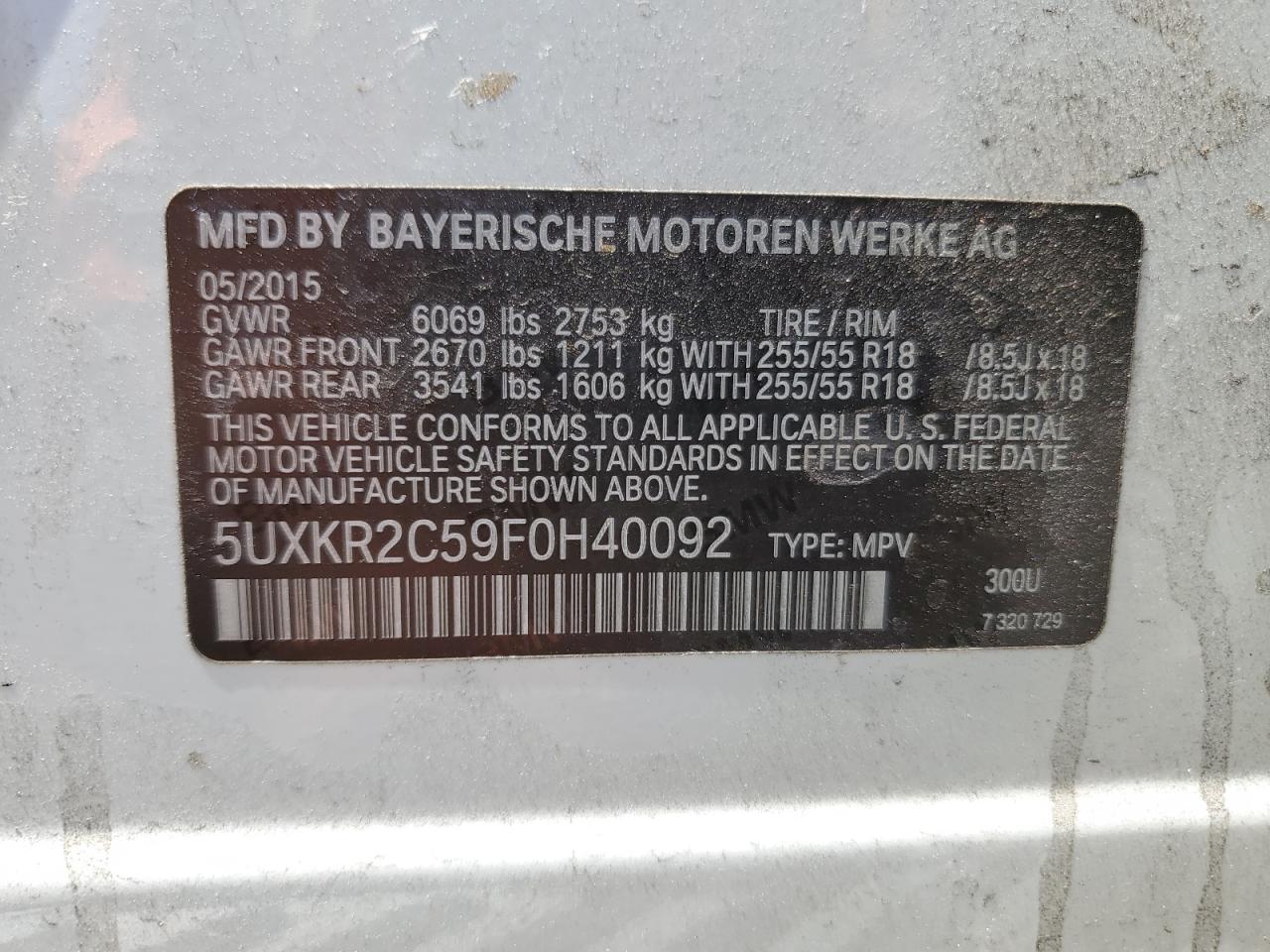 2015 BMW X5 Sdrive35I VIN: 5UXKR2C59F0H40092 Lot: 67723985