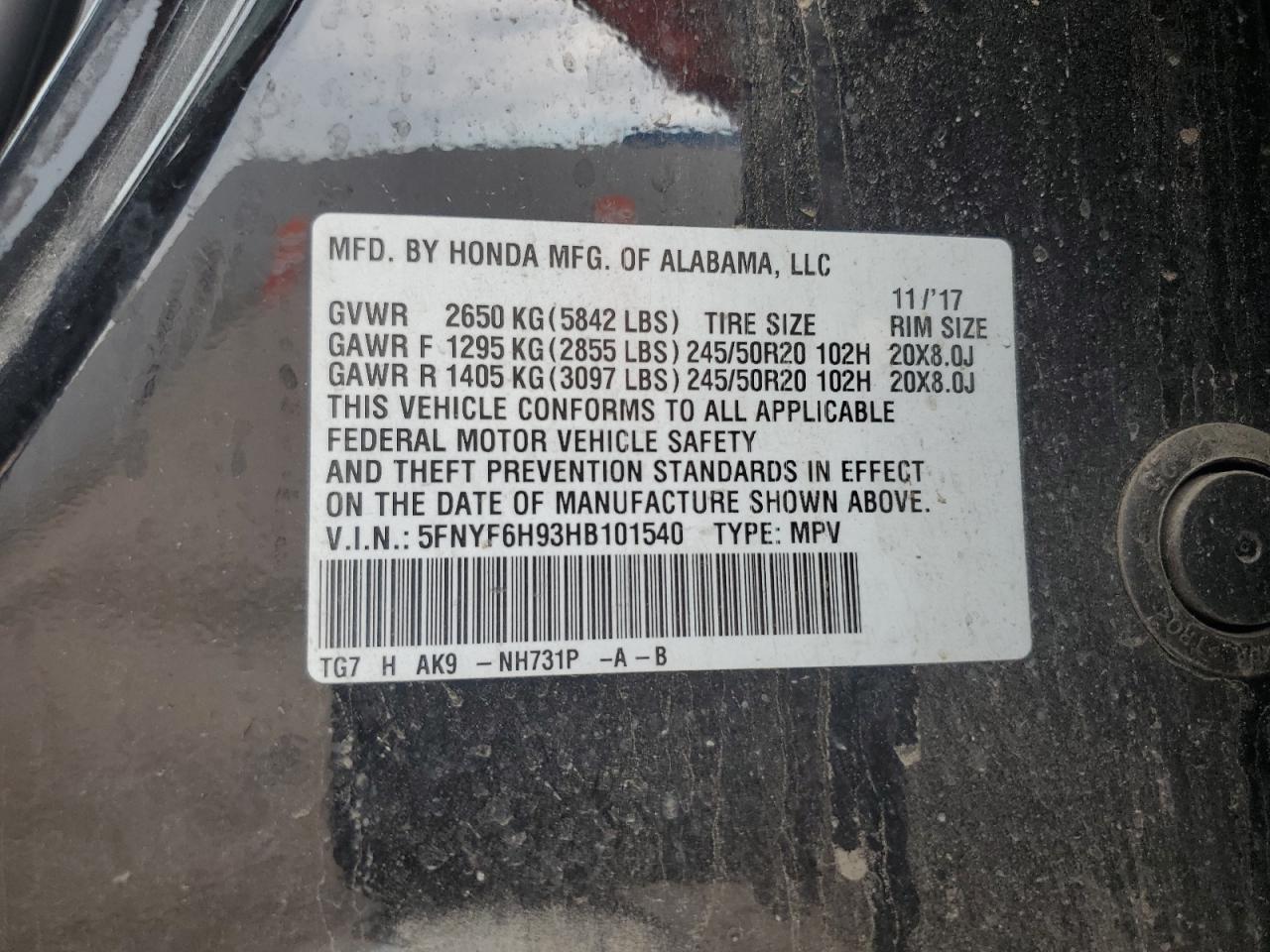 2017 Honda Pilot Touring VIN: 5FNYF6H93HB101540 Lot: 67833175