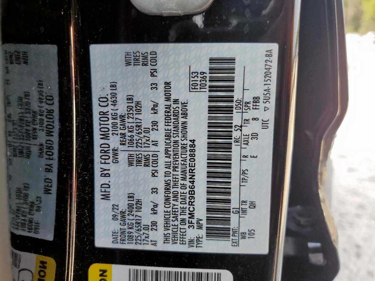 2022 Ford Bronco Sport Big Bend VIN: 3FMCR9B64NRE08884 Lot: 70527135
