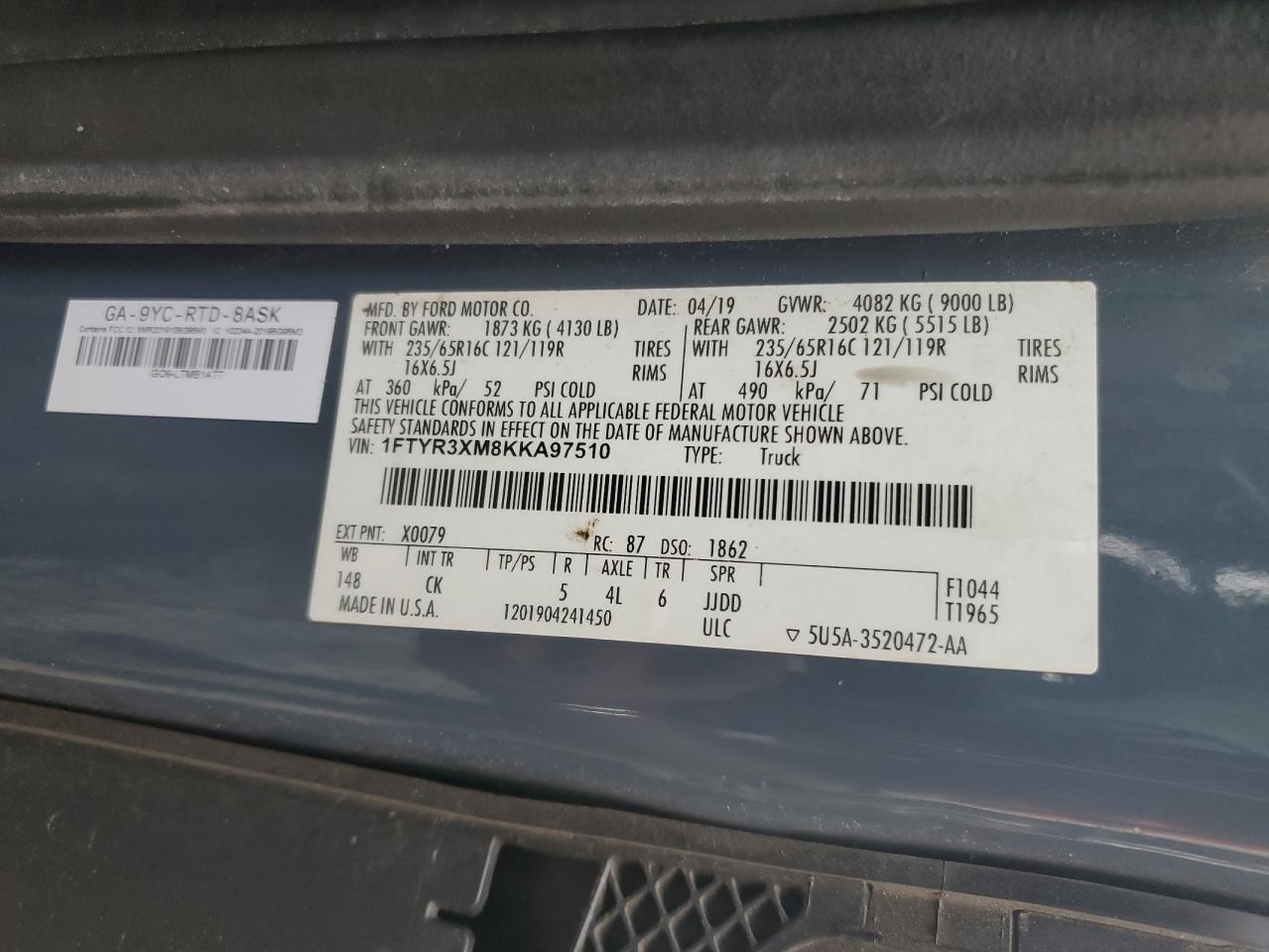 2019 Ford Transit T-250 VIN: 1FTYR3XM8KKA97510 Lot: 69248225