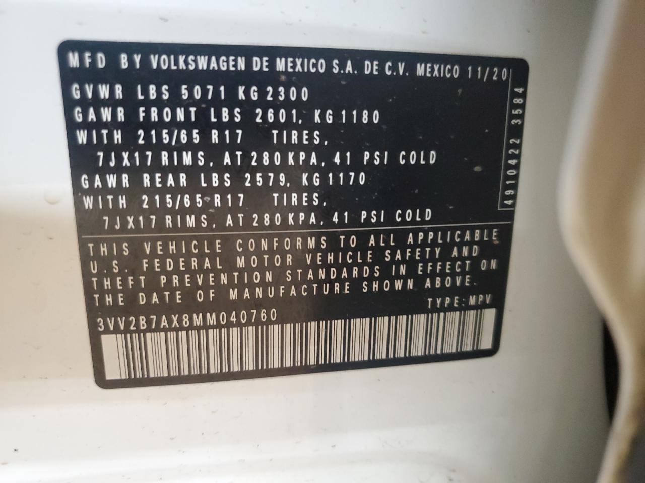 2021 Volkswagen Tiguan Se VIN: 3VV2B7AX8MM040760 Lot: 68222415