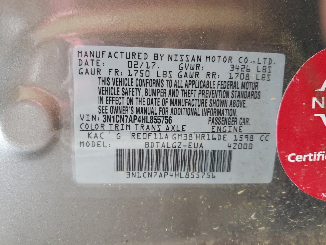 2017 Nissan Versa S VIN: 3N1CN7AP4HL855756 Lot: 68081225