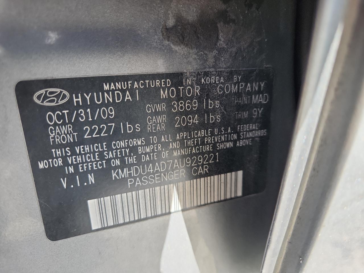 2010 Hyundai Elantra Blue VIN: KMHDU4AD7AU929221 Lot: 69376135
