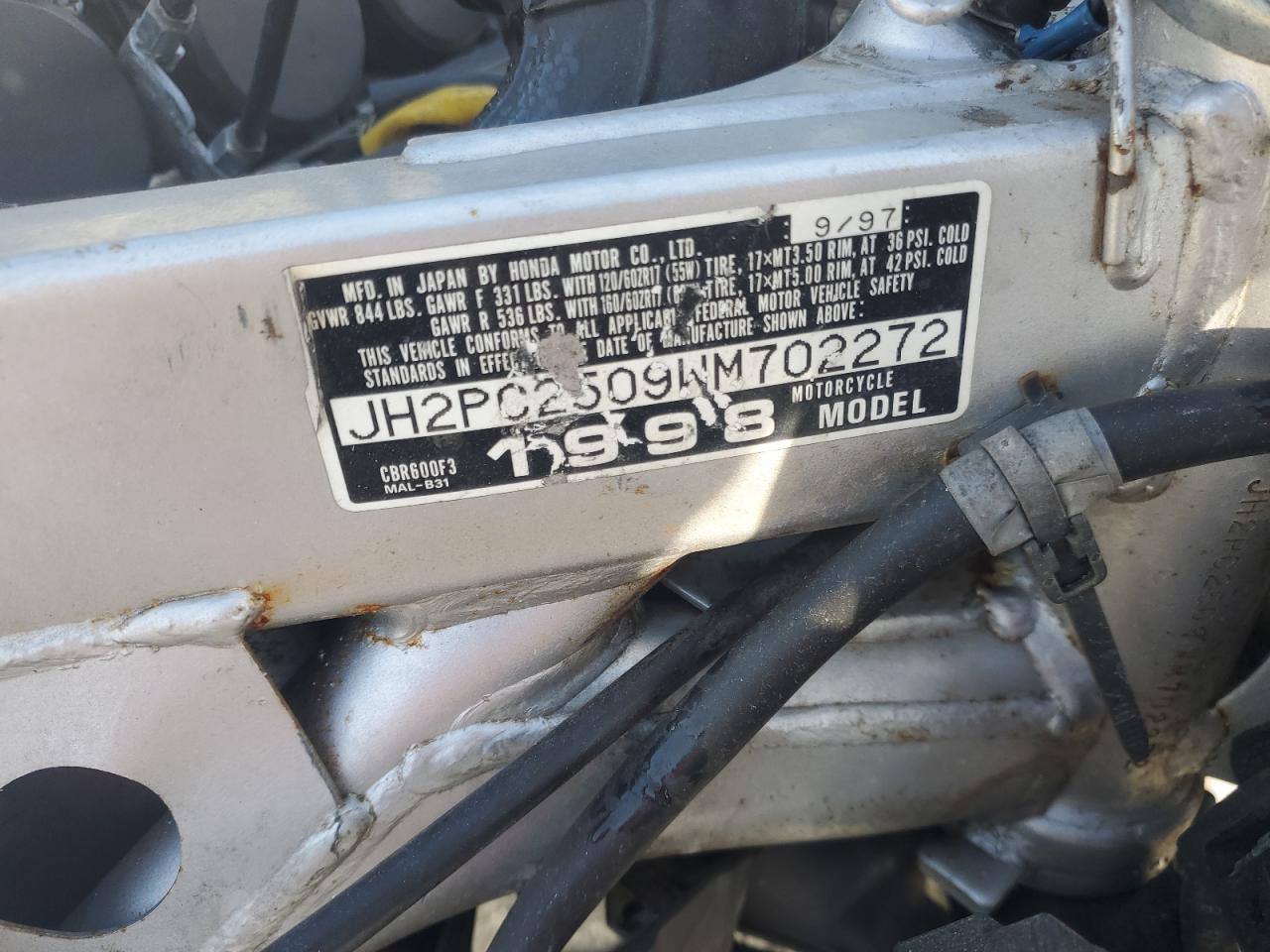 1998 Honda Cbr600 F3 VIN: JH2PC2509WM702272 Lot: 70674135