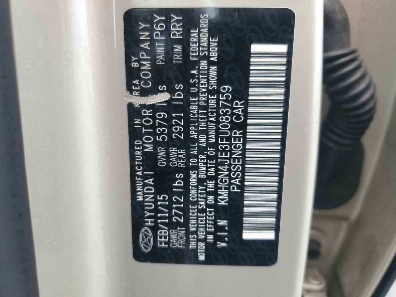 2015 Hyundai Genesis 3.8L VIN: KMHGN4JE3FU083759 Lot: 69317405