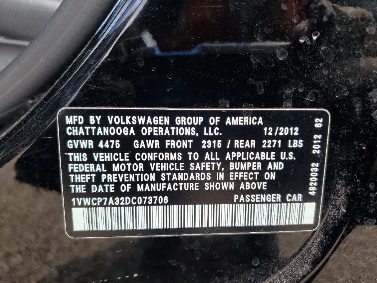 2013 Volkswagen Passat Sel VIN: 1VWCP7A32DC073706 Lot: 69902485