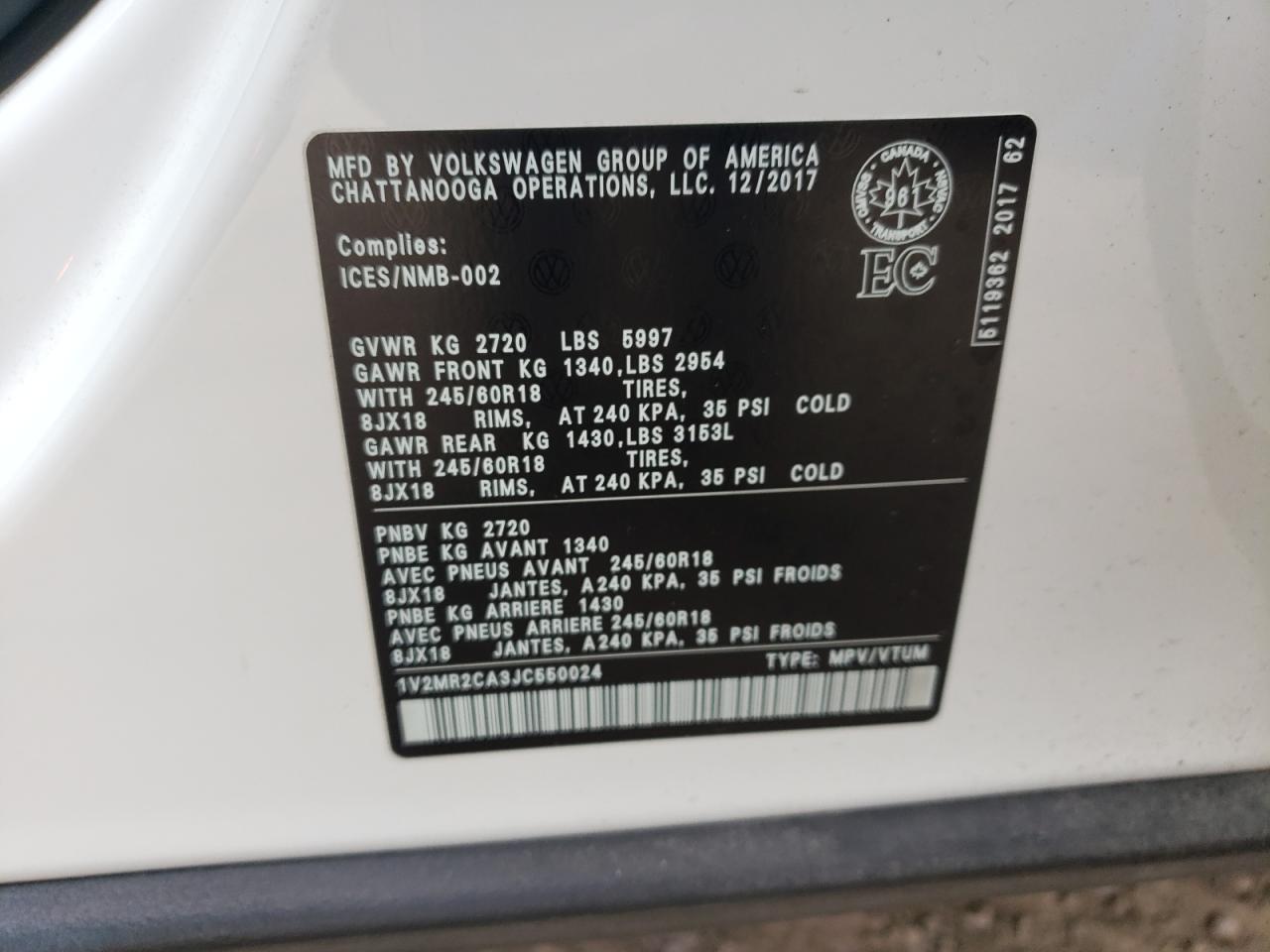 2018 Volkswagen Atlas Sel VIN: 1V2MR2CA3JC550024 Lot: 69366055