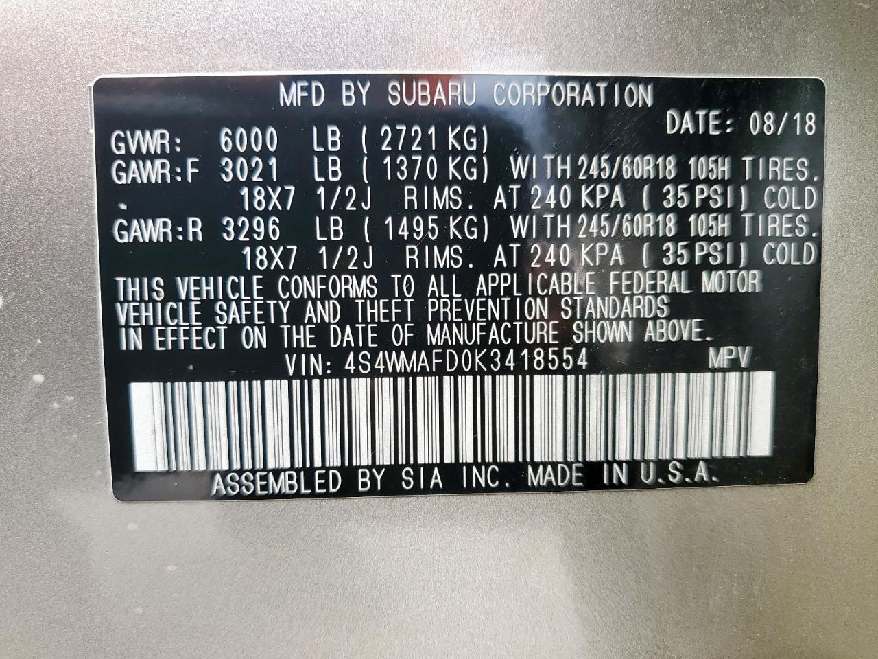 2019 Subaru Ascent Premium VIN: 4S4WMAFD0K3418554 Lot: 67152195