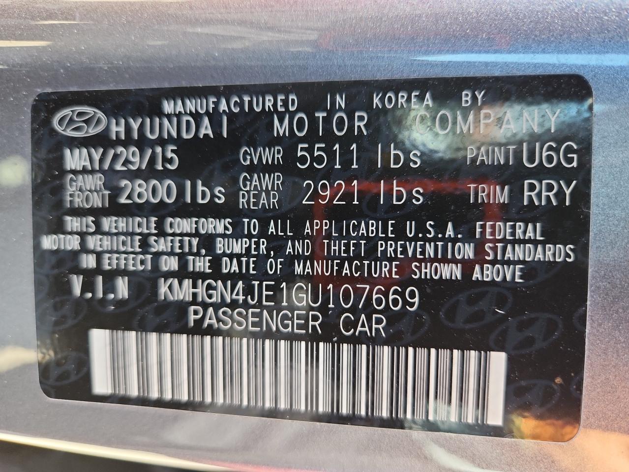 2016 Hyundai Genesis 3.8L VIN: KMHGN4JE1GU107669 Lot: 70215255