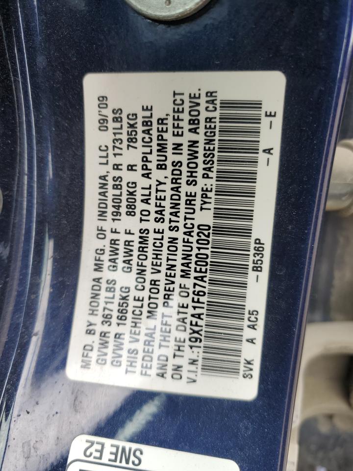 2010 Honda Civic Lx-S VIN: 19XFA1F67AE001020 Lot: 67473295
