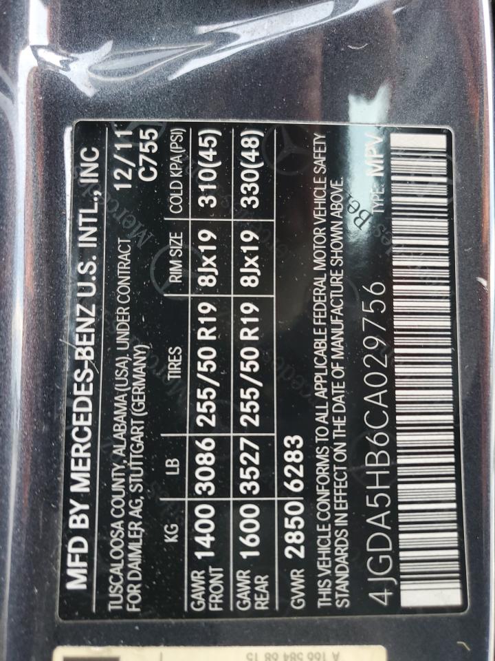 2012 Mercedes-Benz Ml 350 4Matic VIN: 4JGDA5HB6CA029756 Lot: 69012075