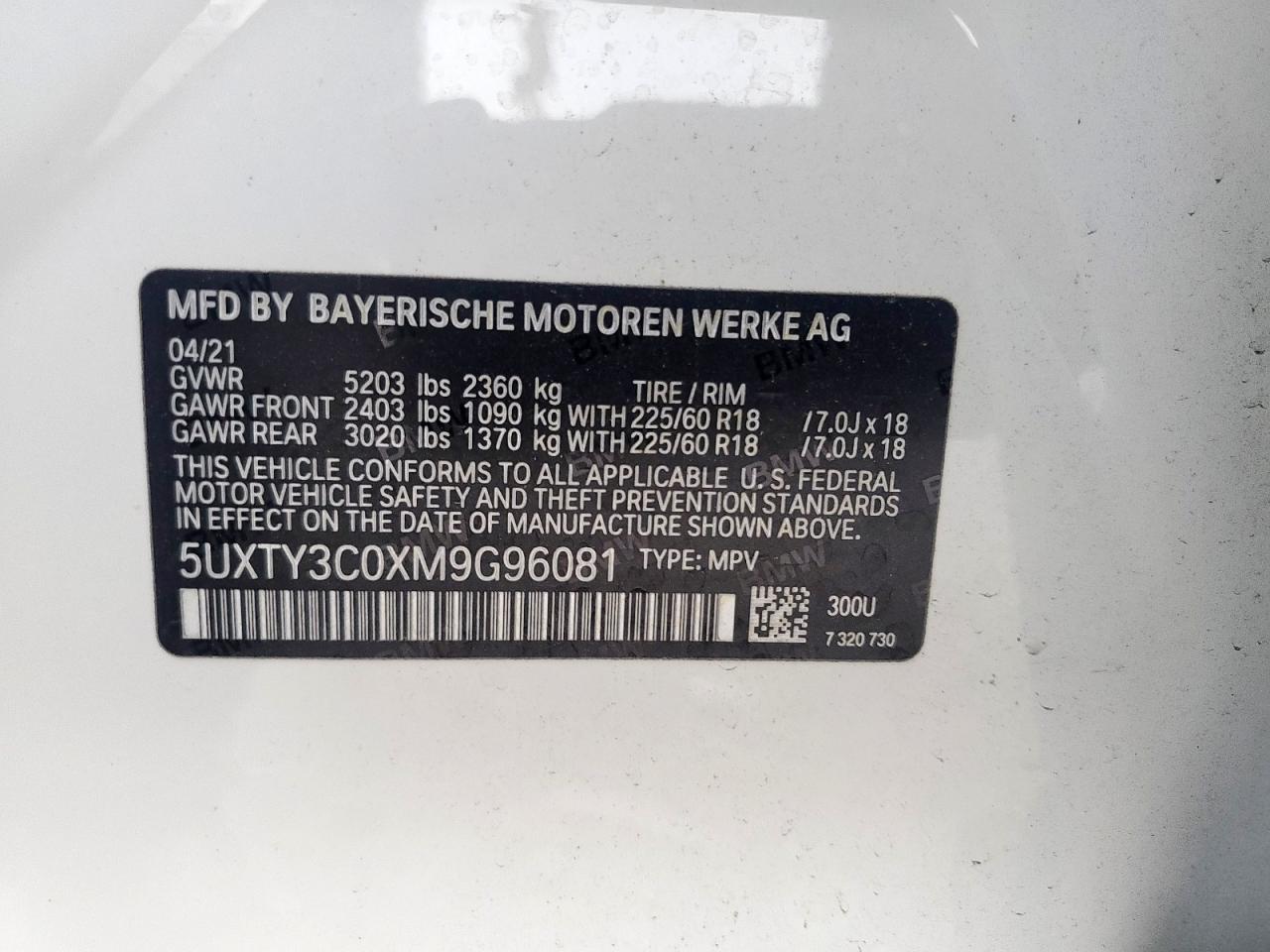 2021 BMW X3 Sdrive30I VIN: 5UXTY3C0XM9G96081 Lot: 69955375
