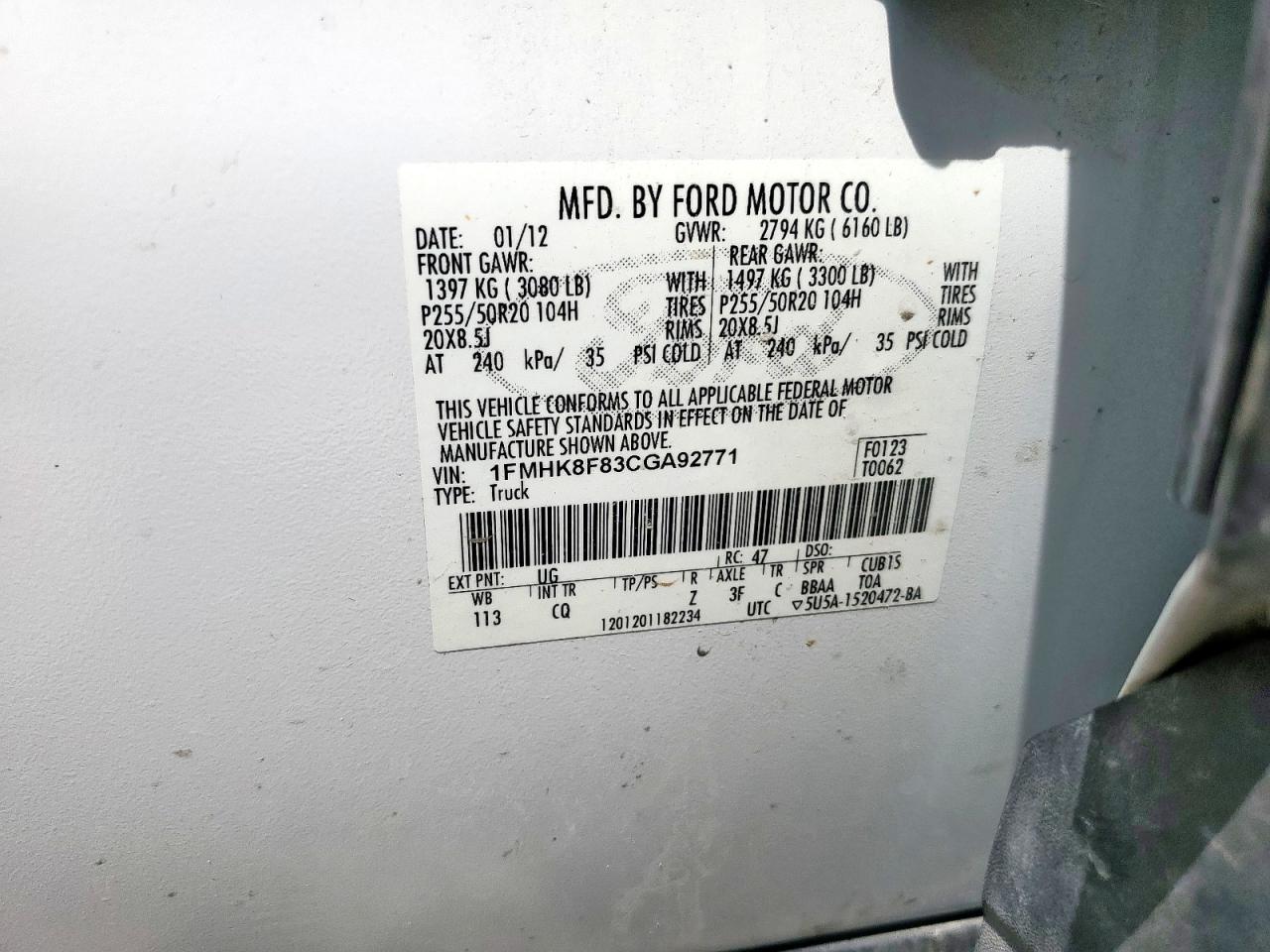 2012 Ford Explorer Limited VIN: 1FMHK8F83CGA92771 Lot: 68637845