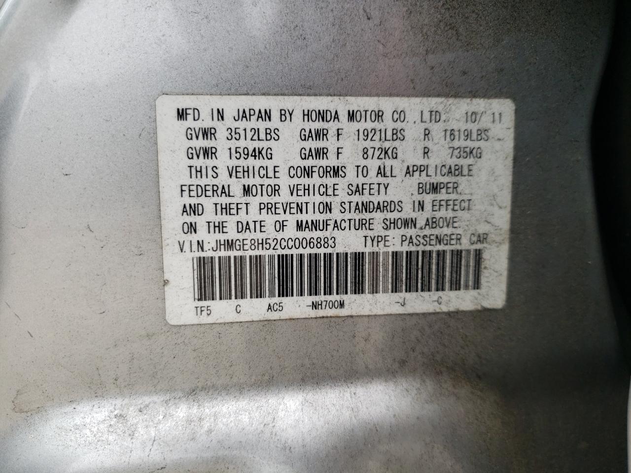 2012 Honda Fit Sport VIN: JHMGE8H52CC006883 Lot: 68503405